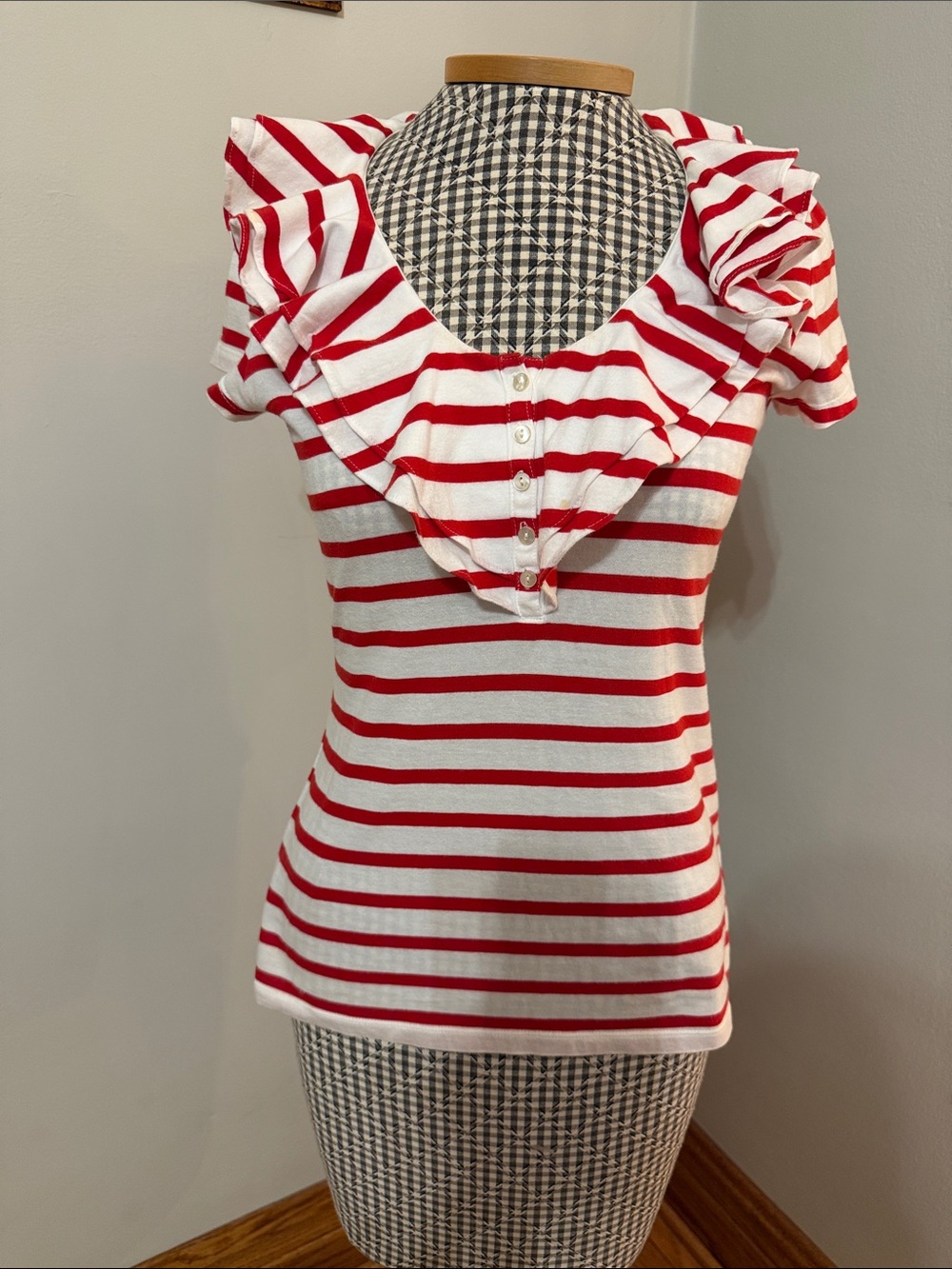 Ralph Lauren Red and White Striped Ruffle Sleeve Top - Women